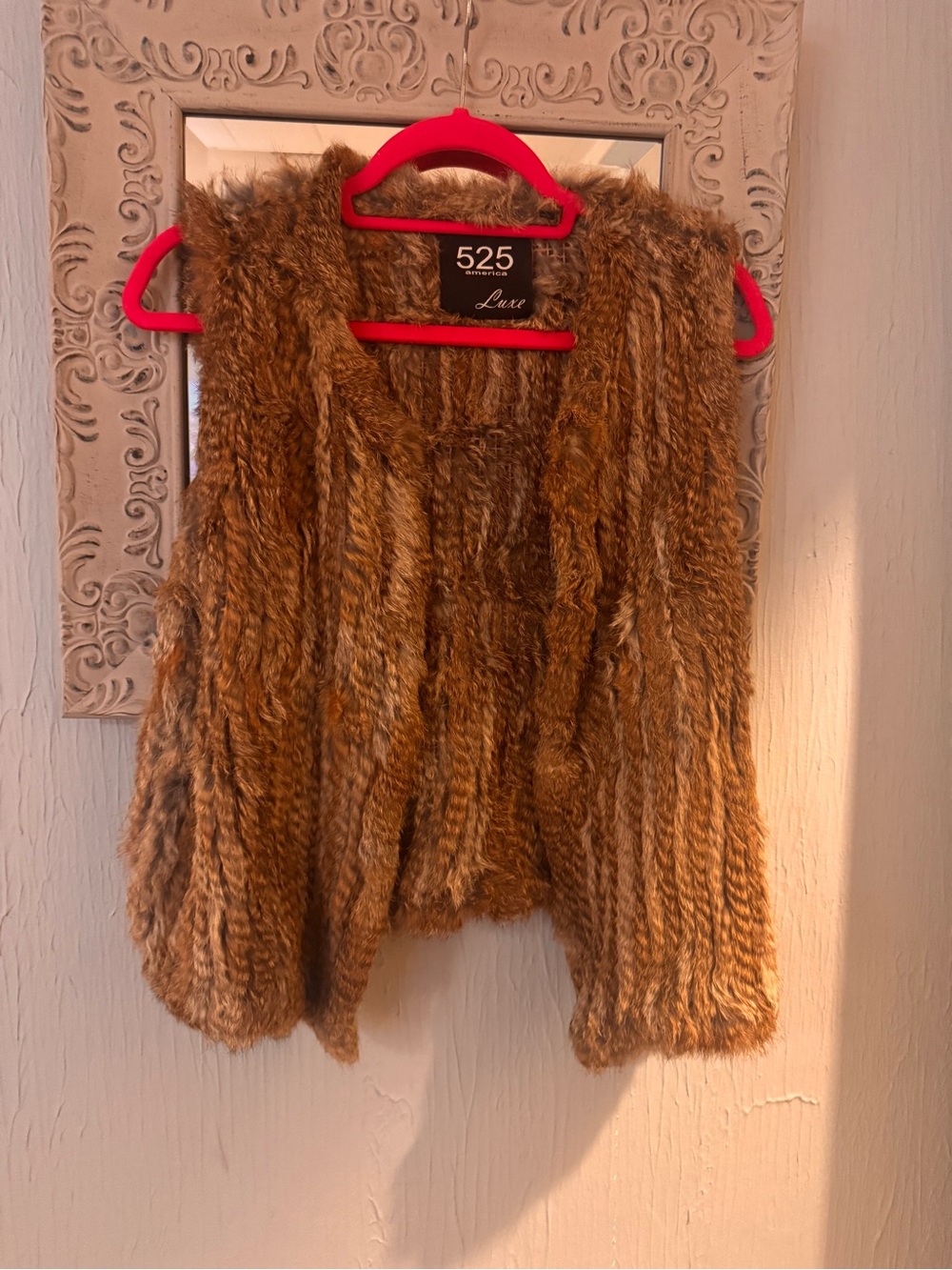 525 America Luxe Faux Fur Coat in Brown with Pink Hanger Accent